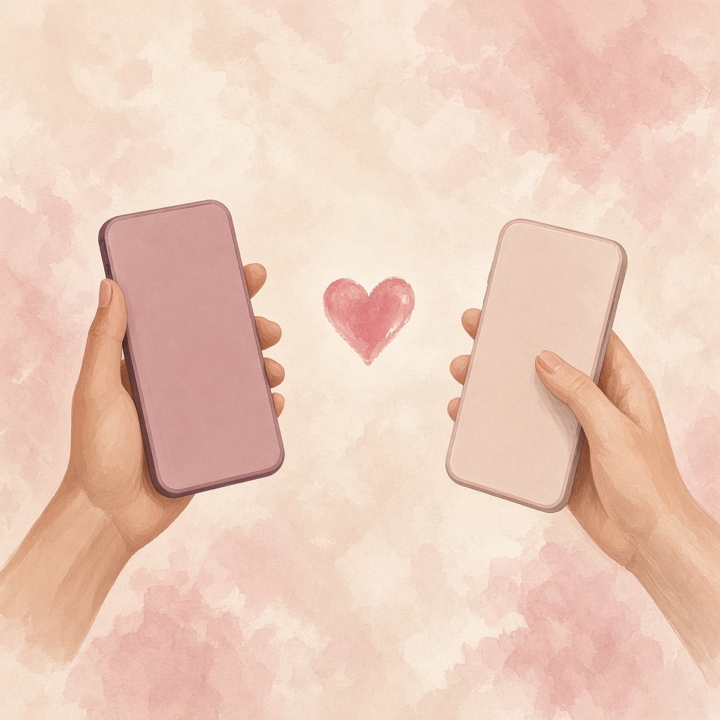 Two hands holding phones, with a small heart between them